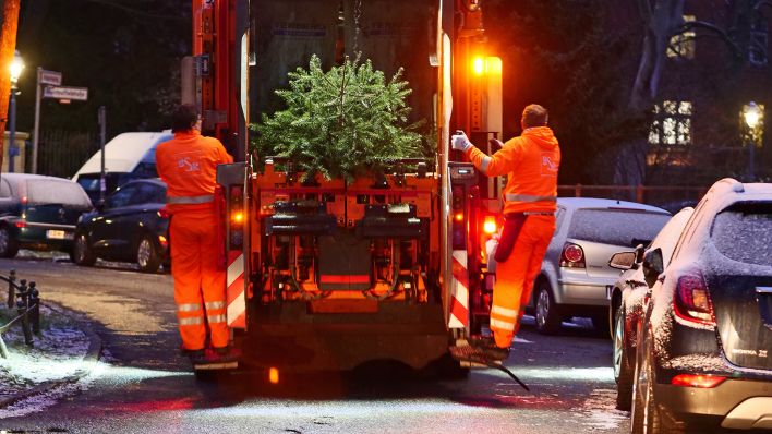 Archivbild: Mitarbeiter der Berliner Stadtreinigung BSR sammeln am frühen Morgen in Steglitz-Zehlendorf Weihnachtsbäume ein, die von Anwohnern auf die Straße gestellt wurden. (Quelle: dpa/W. Steinberg)