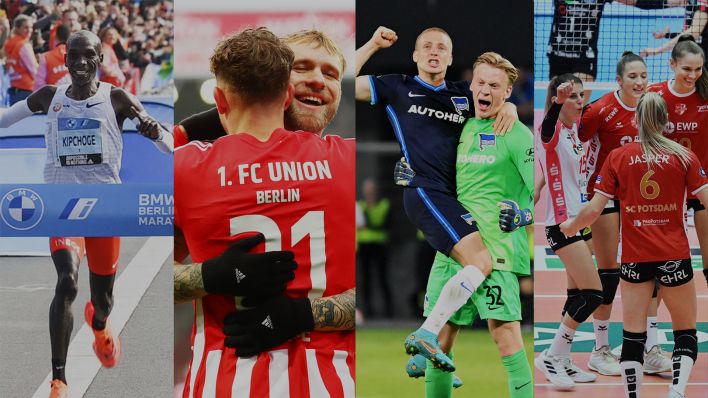 Collage: Weltrekord von Kipchoge, 1. FC Union ist Tabellenführer, Herthas Klassenerhalt, erster Titel für den SC Potsdam. (Quelle: imago images)