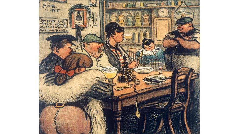 'Gesellschaft in Altberliner Destille', 1905. Schwarze Kreide, Feder und Aquarell, 26,3 x 25,2 cm. Berlin, Privatbesitz. (Quelle: dpa/akg-images)
