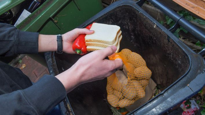 Symbolbild: Brauchbare Lebensmittel werden aus einer Bio-Mülltonne entnommen. (Quelle: dpa/Schoening)