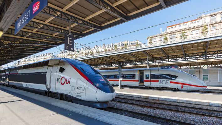 Symbolbild. Französischer TGV und deutscher ICE Hochgeschwindigkeitszug Zug HGV im Bahnhof Paris Est Station in Frankreich. (Quelle: dpa/M. Mainka)