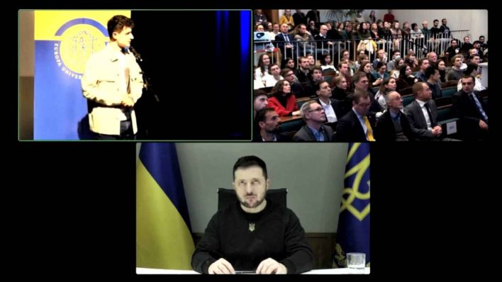 Videoschalte mit demukrainischen Präsidenten Selenskyj. (Foto: Viadrina/HU-Stream)
