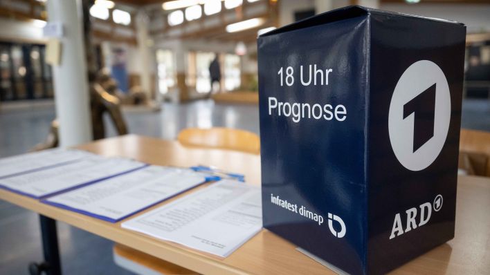 Eine Box für die Nachwahlbefragung für die 18-Uhr-Prognose der ARD steht in einem Wahllokal.