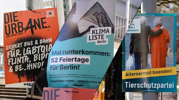 Wahlplakate der Parteien "Die Urbane", "Klimaliste" und "Die Tierschutzpartei" in Berlin (Collage: rbb24 | Bild: dpa/Gabsch imago/Bartilla/Zeitz)