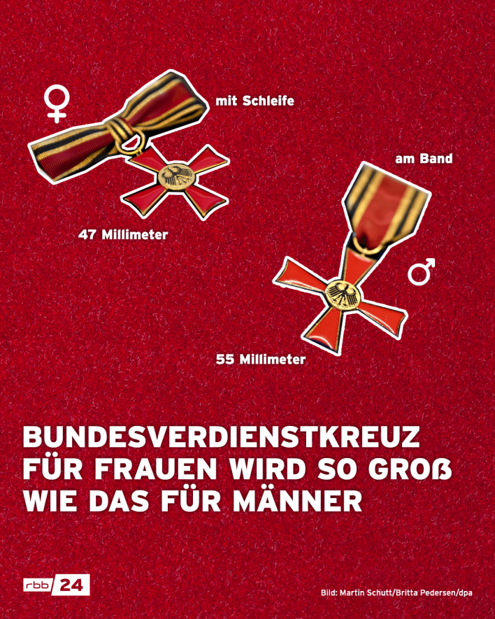 Grafischer Vergleich von Bundesverdienstkreuzen für Männer und Frauen (Bild: Martin Schutt/Britta Pedersen/dpa, Grafik: rbb).