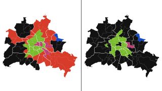 Karten Berlin Wahl:Zweitstimme Stärkste Kraft 2021 und 2023.(Geodaten:Stat. Landesamt,GeoBasis-DE/BKG (2020))