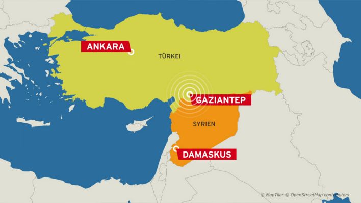 Karte zeigt das Erdbebengebiet in der Türkei und Syrien. (Quelle: rbb)
