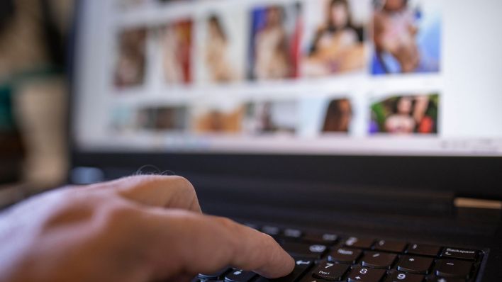 Eine Person schaut sich an einem Laptop pornografische Inhalte an (Quelle: dpa/Jan Tepass).