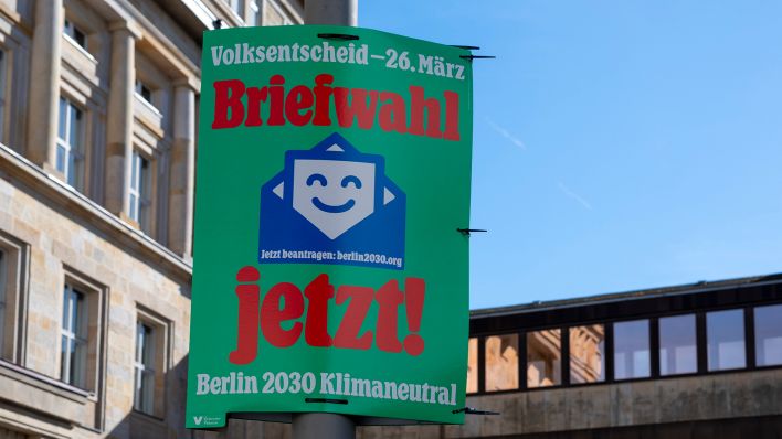 "Briefwahl jetzt!" steht auf einem Plakat der Initiative "Volksentscheid Berlin 2030 Klimaneutral". (Quelle: dpa/Stephan Schulz)