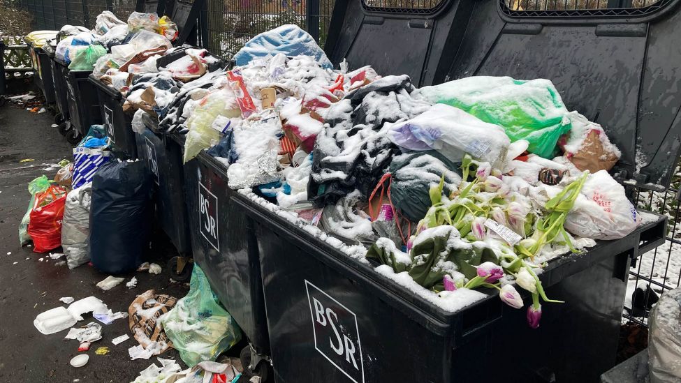 Müll liegt auf und neben aufgeklappten Mülltonnen in einem Hinterhof.(Quelle:dpa/M.Wenisch)