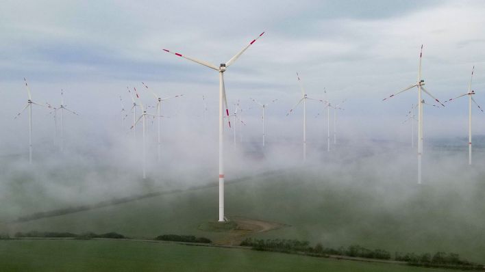 Nebel zieht über die Landschaft mit einem Windenergiepark (Quelle: dpa/Patrick Pleul)