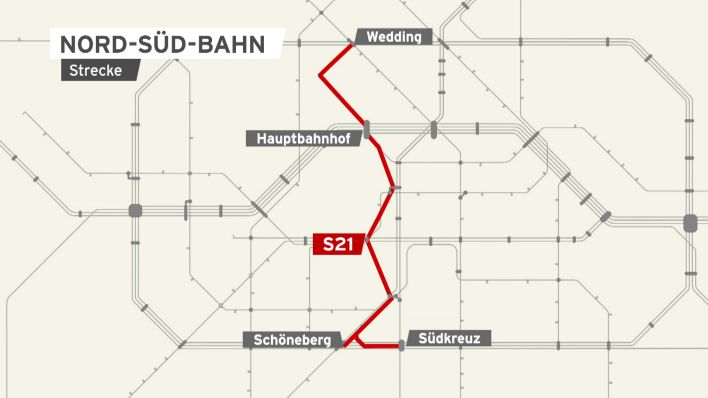 Eine Grafik der geplanten Nord-Süd-S-Bahnstrecke, genannt S21. Die Fertigstellung wird durch neuerdings bekanntgewordene Probleme an der Humboldthainbrücke erneut verzögert (Quelle : rbb).