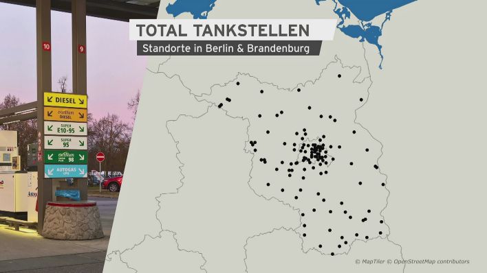 Standorte der Tankstellen des Unternehmens Total in Berlin und Brandenburg (Quelle: rbb)
