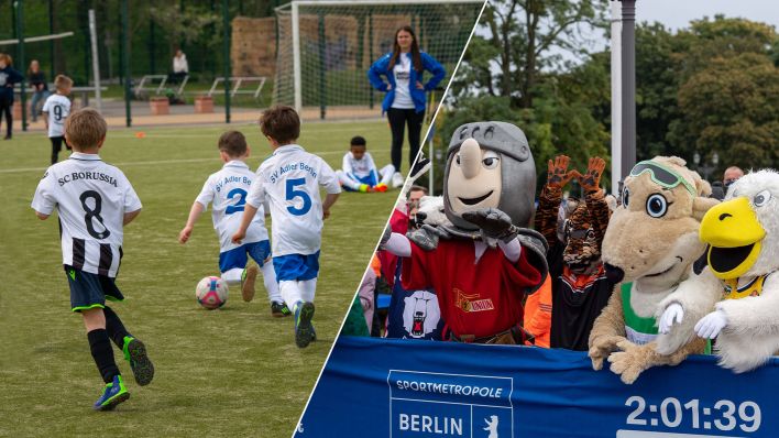 Collage: Kinder spielen Fußball; Berliner Maskottchen feuern gemenisam an (Bild: Imago/Hohlfeld; Camera 4)