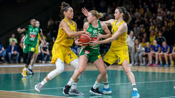 Albas Basketballerinnen (in gelb) im Spiel gegen Keltern (imago images/Tilo Wiedensohler)