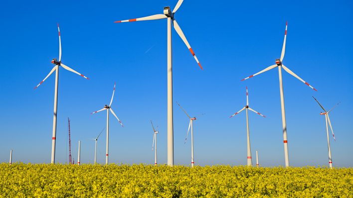 Die Baustelle für eine neue Windenergieanlage in einem Windpark in Brandenburg mit einem blühenden Rapsfeld am 08.05.2023. (Quelle: dpa/Patrick Pleul)