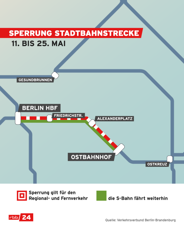 Sperrung der Stadtbahnstecke in Berlin vom 11. bis 25. Mai 2023. (Quelle: rbb24)
