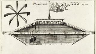 Entwurf einer schwimmenden Untertasse, Illustration aus: Gaspar Schott, Technica Curiosa, Nürnberg/Würzburg, 1664, Tafel XXX, (Quelle:Staatliche Museen zu Berlin, Kunstbibliothek)