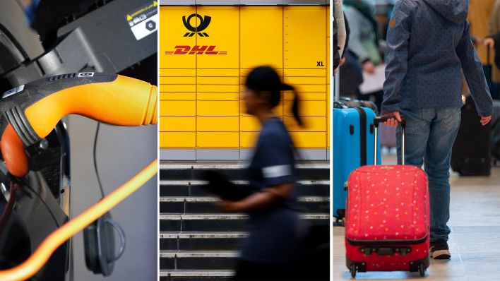 Collage: Elektroauto/DHL Packstation/Fluggäste schieben ihre Rollkoffer (Quelle: dpa/Soeren Stache/Christoph Hardt/Monika Skolimowska)