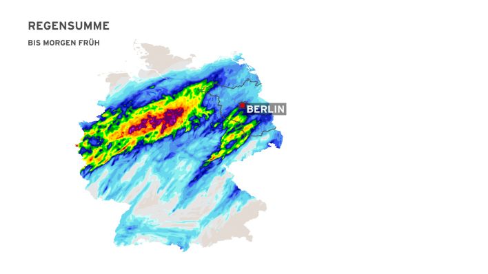 Eine Grafik der ARD-Wetterredaktion zu erwarteten Gewittern bzw. Unwettern in der Nacht vom 22.06. auf 23.06.2023, hier ersichtlich die zu erwartende Regenmenge (Quelle: ARD Wetterredaktion).