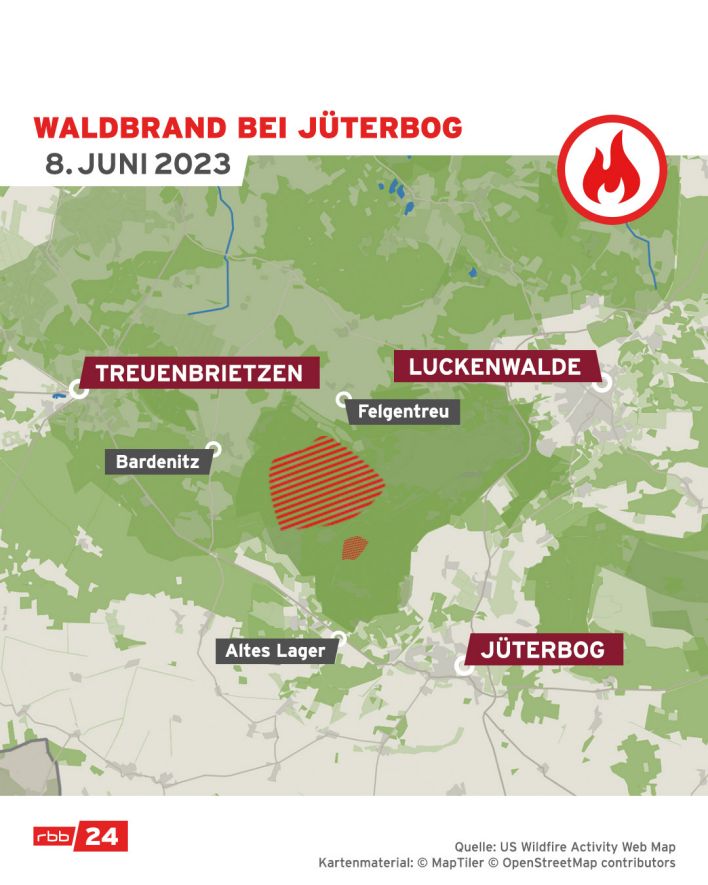 Grafik Waldbrand bei Jüterbog am 8.Juni 2023.(Quelle:rbb)