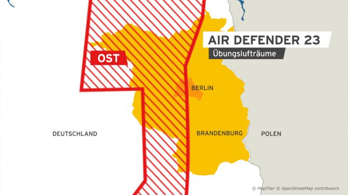 Grafik: Karte zeigt den AIR DEFENDEER Übungsluftraum in der Region Berlin Brandenburg. (Quelle: rbb)
