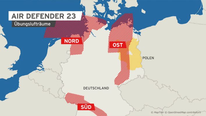 Grafik: Karte zeigt die AIR DEFENDEER 23 Übungslufträume (Nord, Süd und Ost) in Deutschland. (Quelle: rbb)