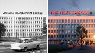 Collage: Deutscher Demokratischer Rundfunk, historische schwarz-weiß-Aufnahme - The Next Episonde, Grafik. Gebäude auf der Nalepastraße in Berlin. (Quelle: HEITAT/E. Heller/Trockland)