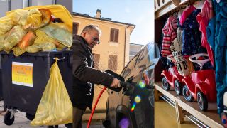 Collage: Eine Wertstofftonne; ein Mann lädt seinen Plug-in-Hybrid-Wagen; eine Kita-Garderobe. (Quelle: dpa/Sorge/Cola/Ditfurth)