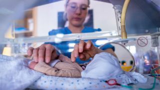 Symbolbild: Ein Frühgeborenes Kind wird im Inkubator von einer Krankenschwester versorgt. (Quelle: dpa/Jens Büttner)