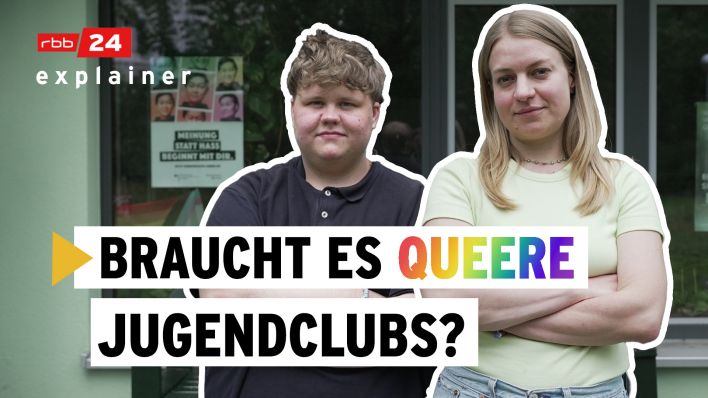 Thumbnail des rbb24-Explainer-Videos zu queeren Jugendclubs: rbb-Reporterin Mara Nolte mit Alex (Quelle:rbb)