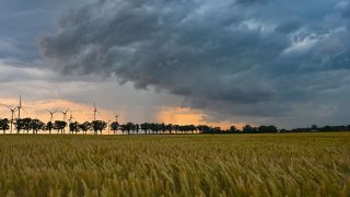 Dunkle Gewitterwolken ziehen über die Landschaft im Osten des Landes Brandenburg (Quelle: dpa/Patrick Pleul)