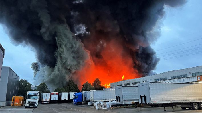 Eine große Rauchwolke ist über den Brand einer Lagerhalle in Berlin-Marzahn zu sehen.(Quelle:dpa/D.Totaro)