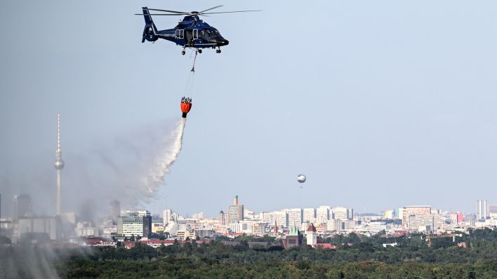 Archivbild: Ein Hubschrauber der Bundespolizei wirft Wasser über der Brandstelle im Grunewald ab. (Quelle: dpa/B. Pedersen)