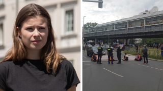 Luisa Neubauer, Fridays-for-Future-Aktivistin und Aktivisten der Letzten Generation am 12.08.2023 am Kottbusser Tor in Berlin-Kreuzberg. (Quelle: dpa-Bildfunk/Matic Hrabar)