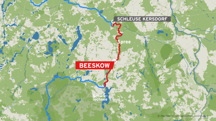 Der Kartenausschnitt zeigt den Spreeverlauf von Beeskow bis zur Schleuse Kersdorf (Quelle: rbb/Iris Bökenheide)