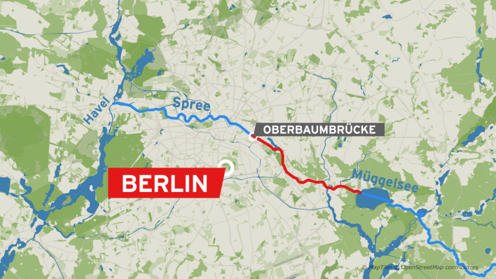 Der Kartenausschnitt zeigt den Spreeverlauf in Berlin vom Müggelsee bis zur Oberbaumbrücke (Quelle: rbb/Iris Bökenheide)