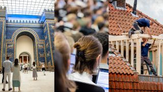 Collage: Innanansicht Pergamonmuseum; Studentinnen und Studenten sitzen während einer Vorlesung in einem Hörsaal; Dachdecker bei der Arbeit. (Quelle: dpa/Contini/Vennenbernd/Utrecht)