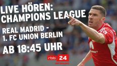 Robin Gosens streckt Finger zum Jubel aus, Text: "Live hören: Champions League, Real Madrid - 1. FC Union Berlin, ab 18:45 Uhr" (Bild: Imago Images/HMB-Media)