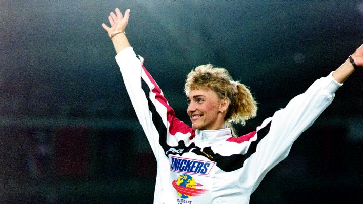 Heike Dreschler am 15. August 1993 in Stuttgart bei der Leichtathletikweltmeisterschaft. (Quelle: Imago Images)