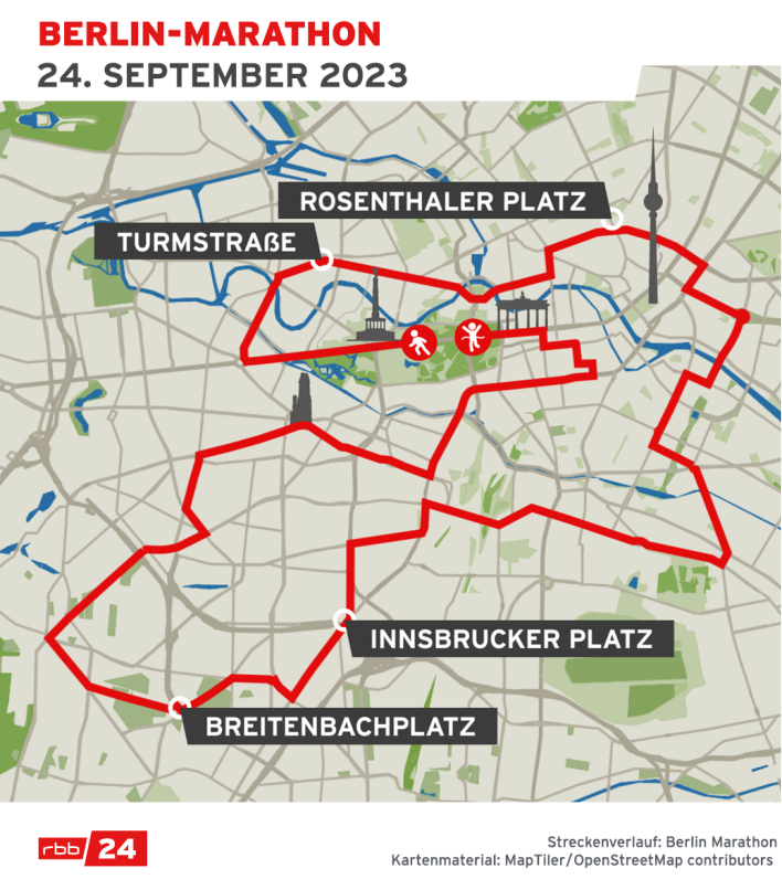 Die Karte zeigt die Strecke beim Berlin-Marathon 2023 (Quelle: rbb)
