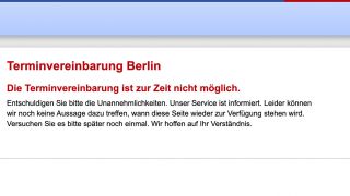 Screenshot: Terminvereinbarung Kfz-Zulassungsstelle nicht möglich. (Quelle: Berlin.de)