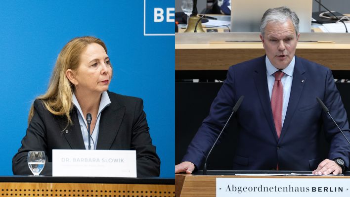 Collage: Barbara Slowik, Berliner Polizeipräsidentin; Burkard Dregger (CDU), ehemaliger Fraktionsvorsitzender der Berliner CDU. (Quelle: dpa/H. Albert/J. Carstensen)