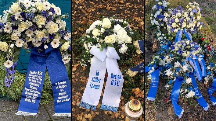Blau-weiße Kränze liegen an den Gräbern verstorbener Hertha-Fans (Bilder: Privat)