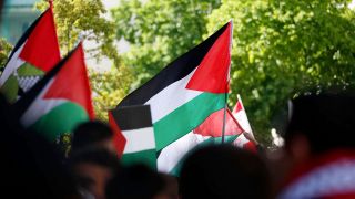 Archivbild: Flaggen werden bei einer pro-palästinensischen Demonstration in Berlin-Neukölln geschwenkt. (Quelle: imago-images/Geisler-Fotopress)