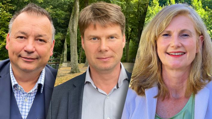 Die drei Landratswahl-Kandidaten im Landkreis Dahme-Spreewald: Sven Herzberger, Steffen Kotré, Susanne Rieckhof (Fotos: rbb/Daniel Friedrich)