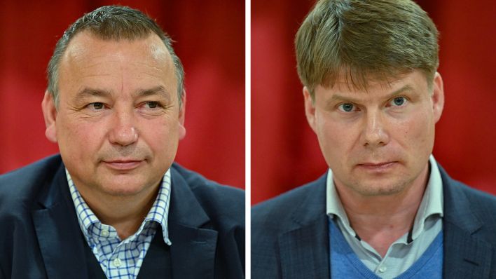 Steffen Kotré (AfD) und Sven Herzberger (Parteilos), Kandidaten zur Landratswahl im brandenburgischen Landkreis Dahme-Spreewald, am 5.10.2023. (Quelle: dpa | Patrick Pleul)