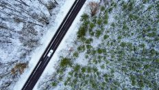 Symbolbild: Ein wenig Schnee liegt in einem Wald durch den eine Landstraße führt. (Quelle: dpa/Patrick Pleul)