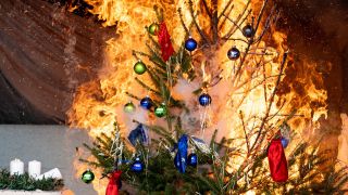 Symbolbild: Ein Weihnachtsbaum brennt bei einer Demonstration eines Brandes während der Weihnachtszeit auf dem Gelände der Berliner Feuerwehrakademie, 01.12.2023 (Quelle: dpa / Fabian Sommer).