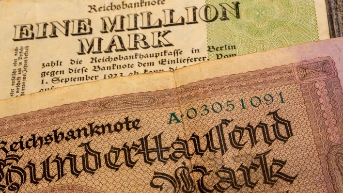 Nahaufnahme einer historischen Reichsbanknote zur Zeit der Hyperinflation 1923 in Höhe von einer Million Mark Aufnahmedatum. (Quelle: Picture Alliance/Udo Herrmann)